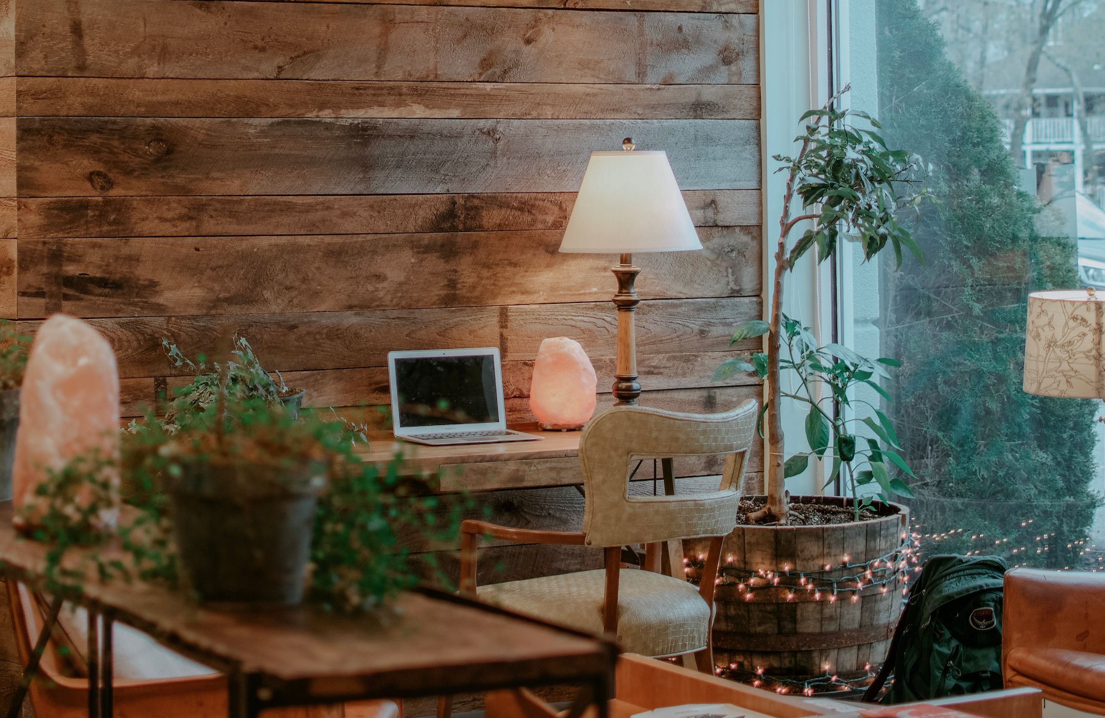 office desk with salt lamps