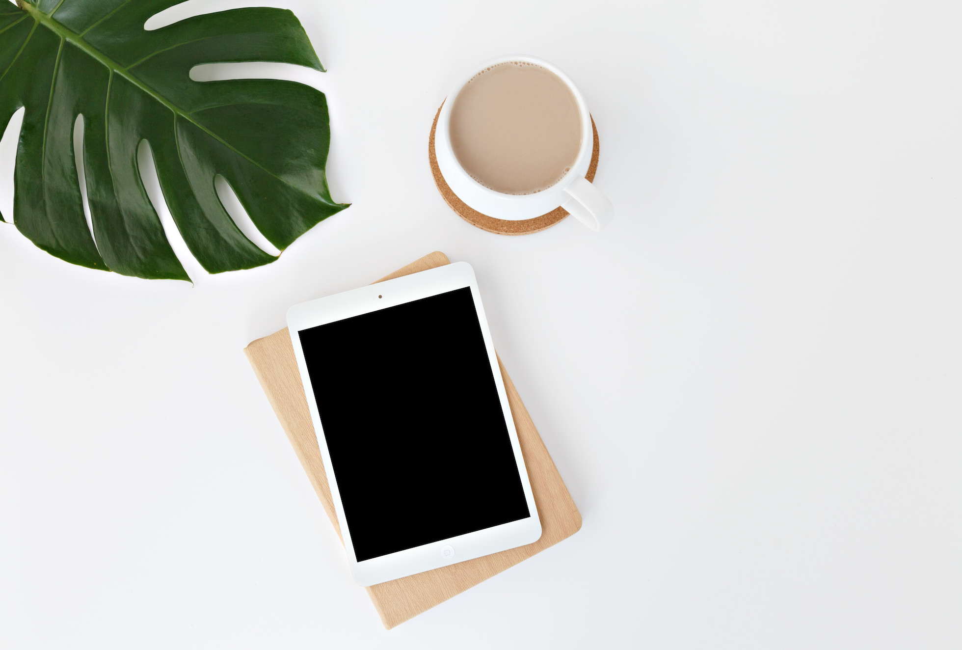 iPad coffee and plant leaf